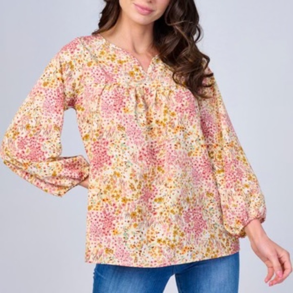 les amis Tops - WOMEN'S LONG SLEEVES V-NECK FLORAL BLOUSE